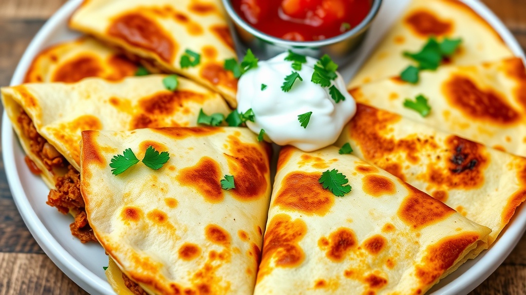 Savory Pork Quesadillas Recipe Golden brown pork quesadillas filled with cheese, served with salsa and sour cream.